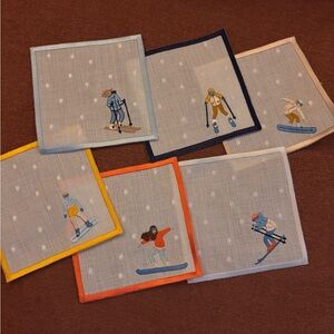 Skier Embroidered Cocktail Napkins x 6